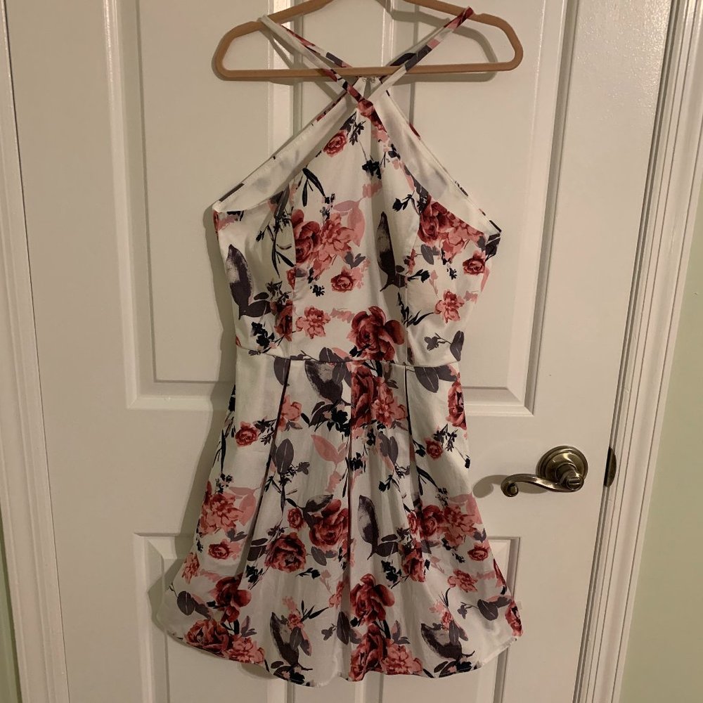 Speechless Pink and White Floral Halter Neckline Dress with Pockets
